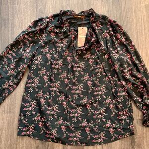 Gaharu Women's Ruffle V-Neck Long Sleeve Floral Blouse - Black - Size XL